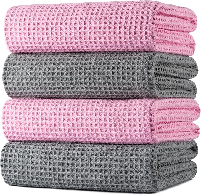 POLYTE 430 GSM Microfiber Oversize Quick Dry Lint Free Bath Towel, 60 x 30 in, 4 Pack (Waffle Weave)