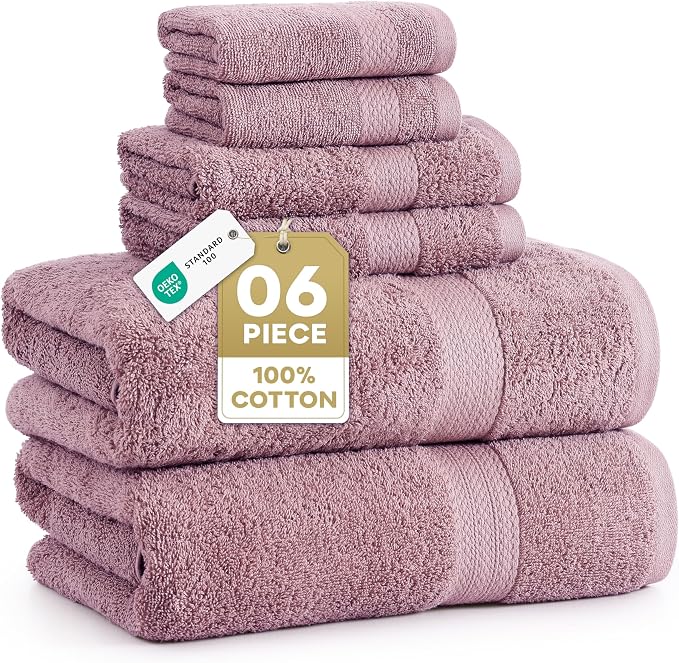 LANE LINEN 100% Cotton Turkish Towels for Bathroom - 6 Piece - Softer & Highly Absorbent - 2 Bath, 2 Wash cloths, 2 Hand Towels - Complete Family Set, Hotel Quality & Gentle on Skin - Wistful Mauve