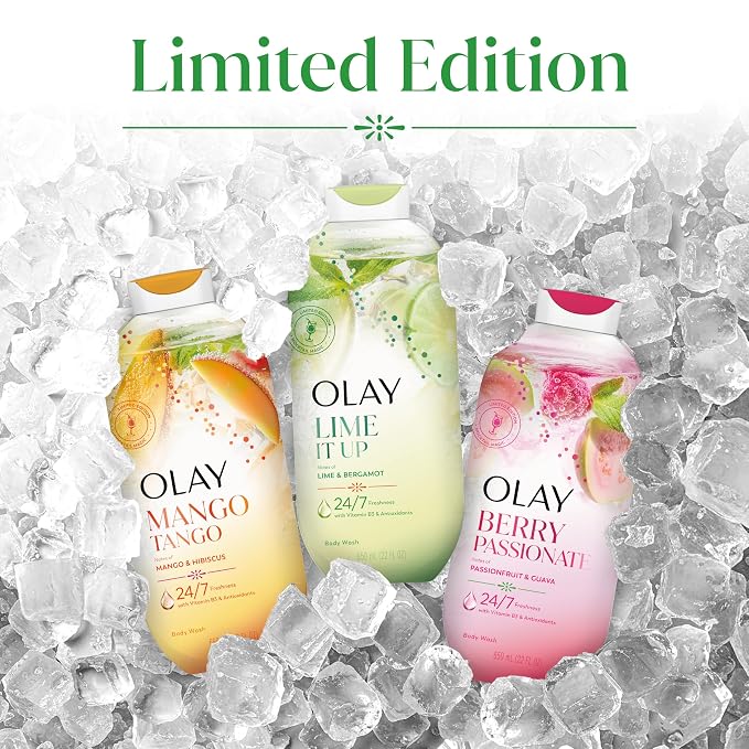 Olay Body Wash for Women, 24/7 Skin-Loving Freshness, Miami Mocktails, Plant Based Cleansers, Vitamin B3 & Antioxidant Blend, For All Skin Types, Lime It Up with Bergamot Scent, 22 fl oz