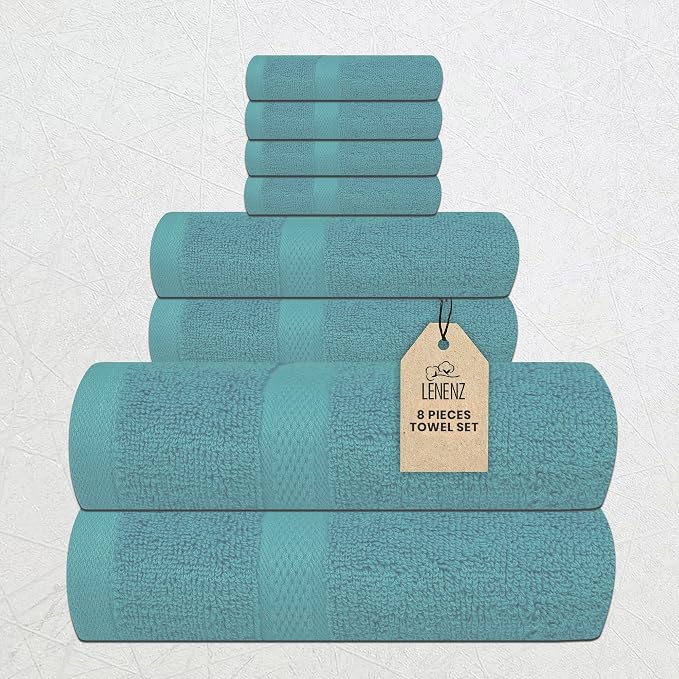 Luxury 8 Piece Set, 2 Bath Towels 2 Hand Towels 4 Washcloths, 100% Cotton Towels for Bathroom, Home, Spa, Hotel & Gym – Ultra Soft, Highly Absorbent, Quick Dry (Light Green)