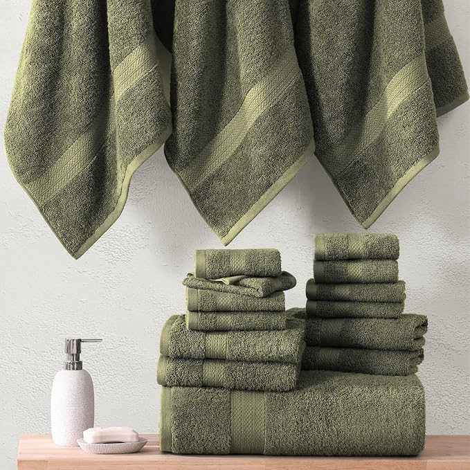 LANE LINEN 100% Cotton Bath Towel Set of 18 - Softer, High Absorbency & Durable - 4 Bath, 8 Wash Cloth, 6 Hand Towels for Bathroom - Premium Look, Spa Quality, Solid Dyed Towels - Oil Green