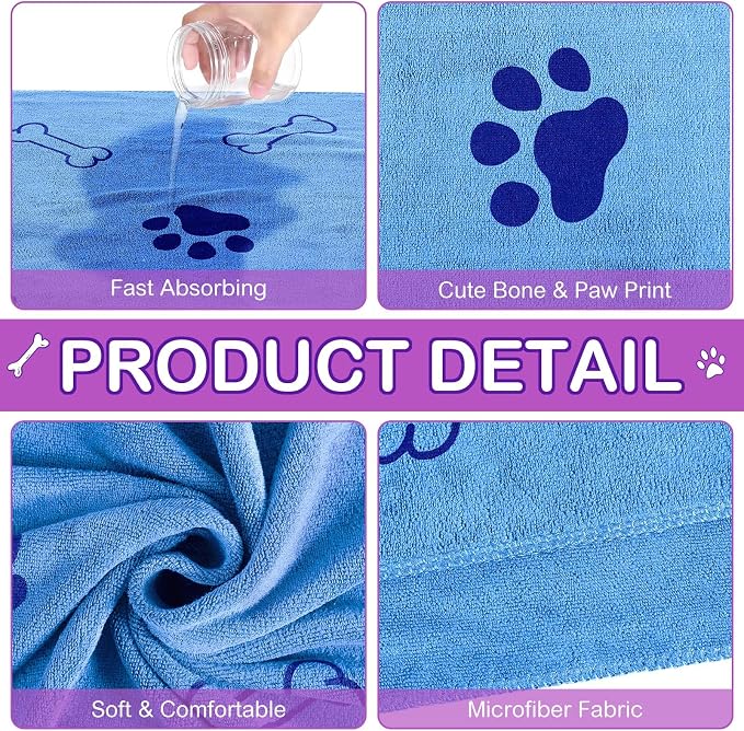 Chumia 8 Pcs Microfiber Dog Towels for Drying Dogs Cats 55 x 28 Inch Pet Towels Bulk for X-Large Puppy Absorbent Fast Drying Paw Bath Bathing Supplies for Pets(Dog Paw and Bone,Classic Color)