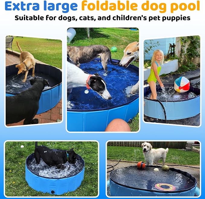 CACSPS Foldable Dog Pool, 32" x 8" Kiddie Pool with Hard Plastic, Non-Slip Dog Bath Tub for Outdoor Backyard, Collapsible Dog Swimming Pool for Kids Dogs Pets (Blue)