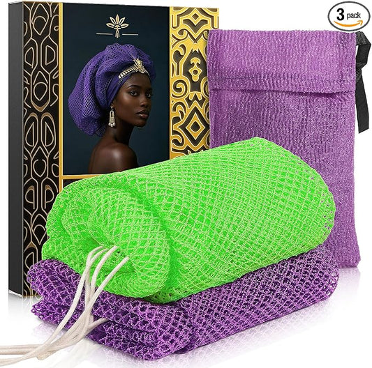 African Net Sponge 2 Pack - Deep Exfoliating Body Scrubber for Back & Full Body Care, Extra Long Loofah Alternative with Soap Bag, Double-Sided Exfoliation for Smooth Skin - Green, Purple & Purple