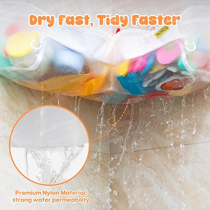 3 Compartments Bath Toy Storage Corner Bath Toy Holder for Bathtub, Kids Tub Toys Organizer with Adhesive Hooks, Quick-Drying Machine-Washable Mesh Bathroom Organizer for Tidy Bathtub