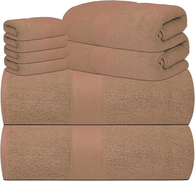 Luxury 8 Piece Set, 2 Bath Towels 2 Hand Towels 4 Washcloths, 100% Cotton Towels for Bathroom, Home, Spa, Hotel & Gym – Ultra Soft, Highly Absorbent, Quick Dry (Beige)