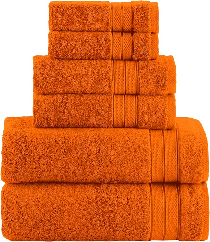 Elegant Comfort Luxury 6-Piece Towel Set, Premium Soft 100% Turkish Cotton, Three Line Popcorn Design 2 Bath Towels, 2 Hand Towels and 2 Washcloths Towel Set-Quick-Drying and Absorbent, Vibrant Orange