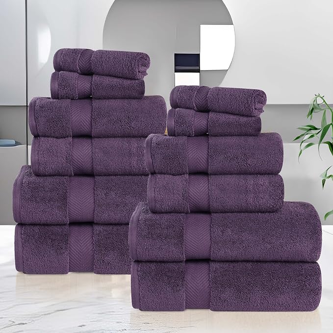 Superior Zero Twist Cotton 12 Piece Assorted Towel Set, Includes 4 Bath, 4 Hand, 4 Washcloth/Face Towels, Quick Dry, Home Essentials, Shower, Spa, Luxury Plush Soft Absorbent Towels, Grape Seed