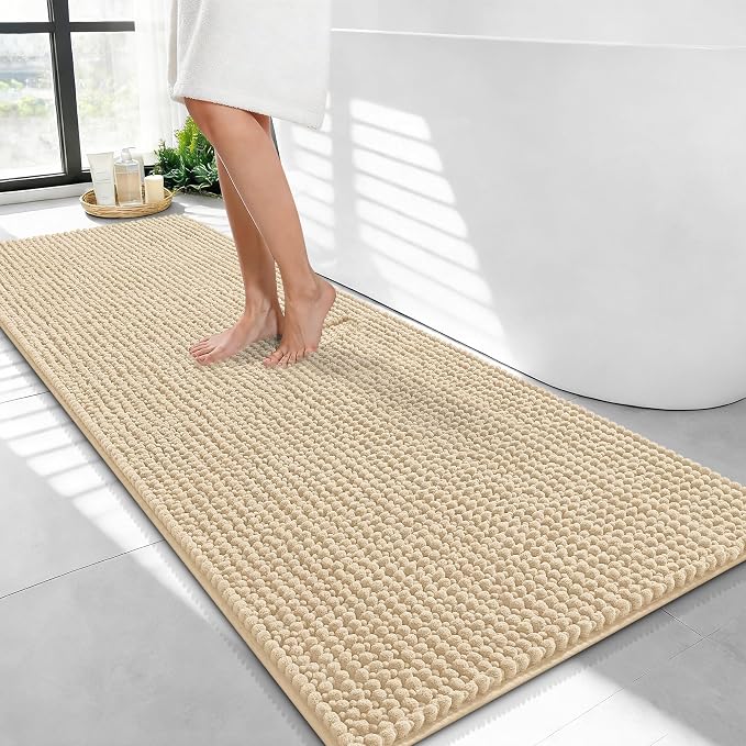 OLANLY Thick Bathroom Runner Rugs 47x24, Extra Soft Absorbent Chenille Bath Rugs, Rubber Backing, Machine Wash Dry, Long Bath Mats for Bathroom Floor, Tub and Shower, Home Decor Accessories, Beige
