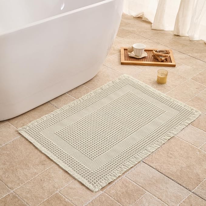 Waffle Bath Mat Non Slip, Boho Bathroom Rug, Super Absorbent Quick Dry Bathroom Mat, Soft Farmhouse Bath Rug with Tassels, Small Washable Shower Mats for Floor 20"x32", Square Cream