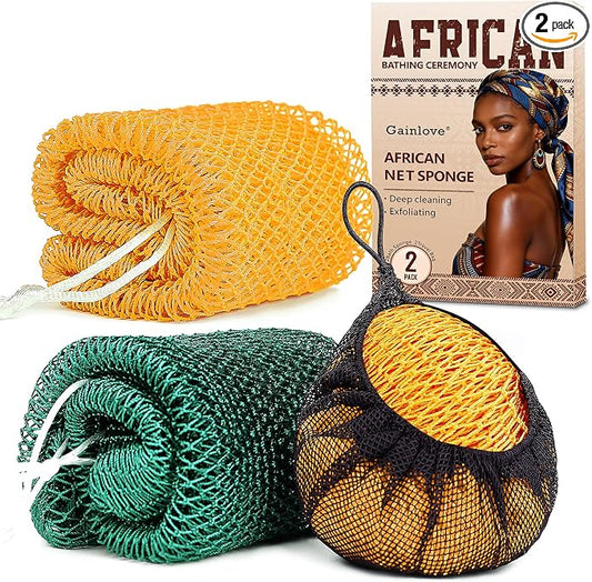 2 Pack African Net Sponge Exfoliating Body Scrubber Bath Sponge for Daily Use (Yellow + Dark Green)