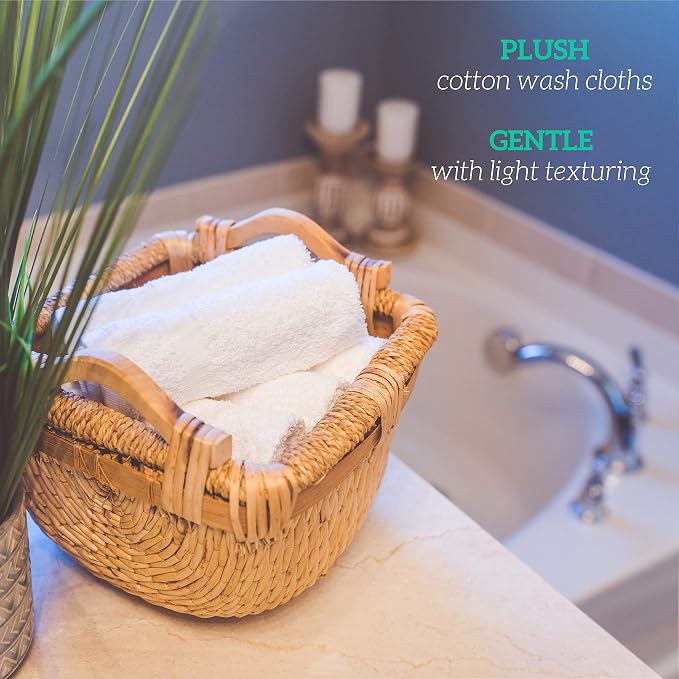 GREEN LIFESTYLE Washcloths 12" x 12" 50 Pack - 100% Cotton Wash Cloths, Bulk Washcloths, Face Towels Cotton, Soft Absorbent Bath Washcloths for Body, Face and Bathroom Use (White)