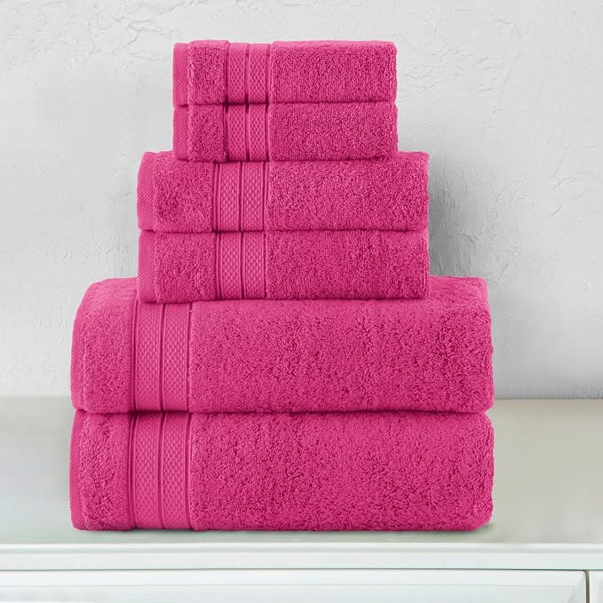 Elegant Comfort Luxury 6-Piece Towel Set, Premium Soft 100% Turkish Cotton, Three Line Popcorn Design 2 Bath Towels, 2 Hand Towels and 2 Washcloths Towel Set - Quick-Drying and Absorbent, Hot Pink