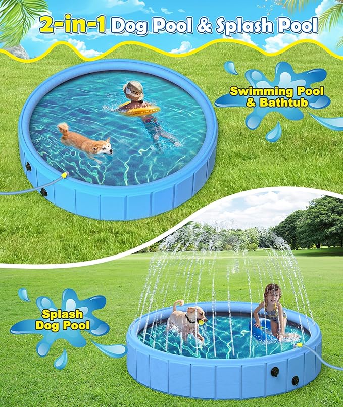 EPN Large Foldable Dog Pool – 0.55MM PVC 2-in-1 Portable Bathtub & Sprinkler for Dogs, Cats, Kids – Heavy Duty, Non-Slip, Summer Water Toy (118 in)