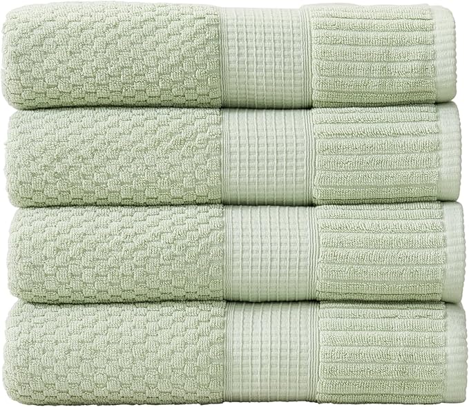 NY Loft 100% Cotton 4-Pack Bath Towel Set | Sage | Oeko-TEX | Quick-Dry | Four 30" x 52" Bath Towels | Super Absorbent | Designer-Styled Texture