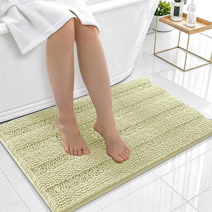 Smiry Thick Chenille Bathroom Rugs 36x24, Extra Soft Absorbent Striped Bath Mat, Machine Washable, Rubber Backing, Bath Rugs for Bathroom, Tub & Shower, Modern Home Decor Accessories, Vanilla