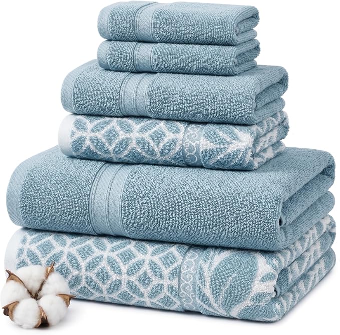 Modern Threads 6 Piece Bath Towel Set – Bathroom Set with 2 Bath Towels, 2 Hand Towels, and 2 Wash Cloths – 100% Cotton, Super Absorbent & Extra Soft – Reversible Botanical Vine (Blue)