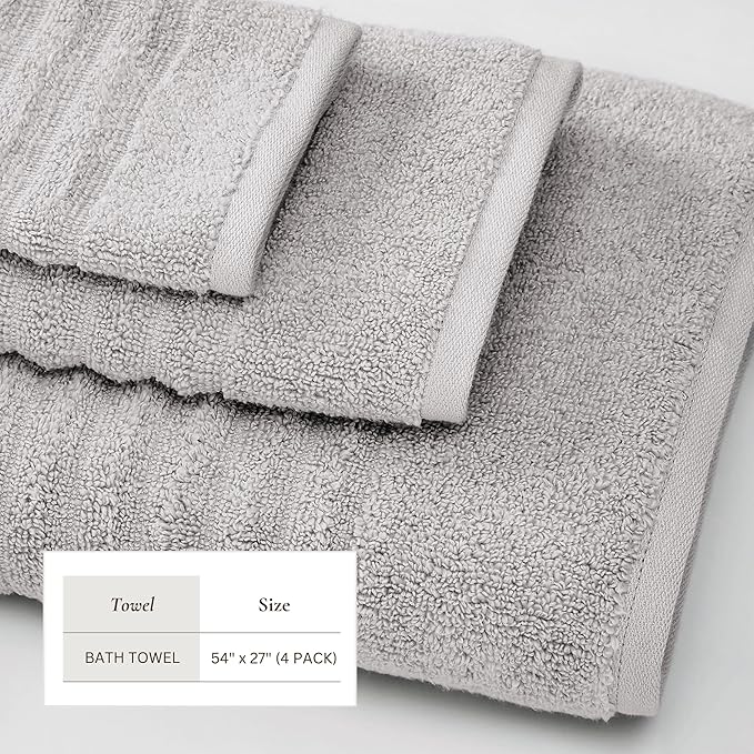 Great Bay Home 4 Pack Bath Towel Set - 100% Cotton Towels - Absorbent & Quick-Dry Towels for Bathroom (Light Grey)