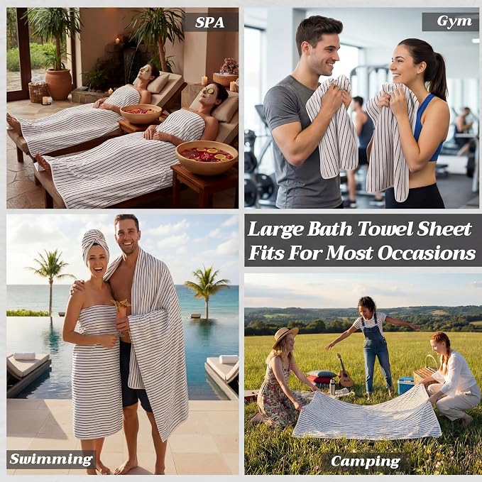 8 Pcs Oversized Bath Towels Set for Adults 40 x 80 Inches Extra Large Black & White Striped Beach Towels Sheets Pool Shower Quick Jumbo Dry Absorbent Soft Microfiber for Hotel Bathroom