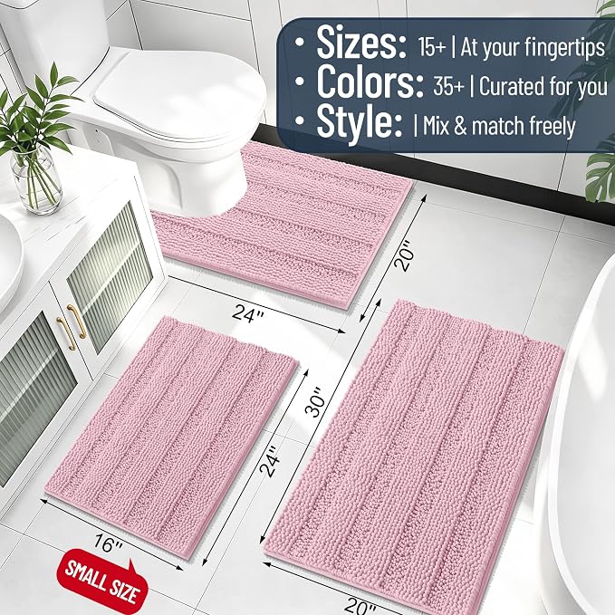 Smiry Thick Chenille Bathroom Runner Rugs 44x24, Extra Absorbent Striped Bath Mat, Machine Washable, Rubber Backing, Long Bath Rugs for Bathroom, Tub & Shower, Home Decor Accessories, Dusty Rose