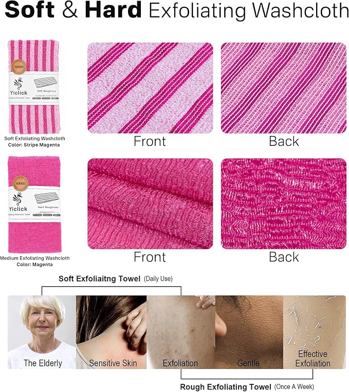 Yiclick Exfoliating Washcloth Towel, Back Scrubber for Shower for Women, Exfoliating Body Scrubber, Loofah Sponge Wash Cloth, Korean Japanese Exfoliating Shower Towel, Exfoliator Washer for Bath