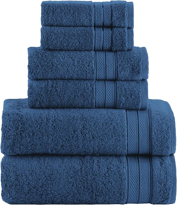 Elegant Comfort Luxury 6-Piece Towel Set, Premium Soft 100% Turkish Cotton, Three Line Popcorn Design 2 Bath Towels, 2 Hand Towels and 2 Washcloths Towel Set - Quick-Drying and Absorbent, Navy Blue
