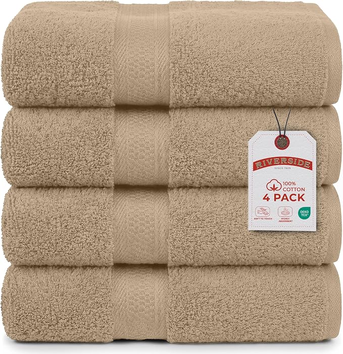 RIVERSIDE 100% Ring Spun Cotton Large Bath Towels Set of 4, 27 x 54 Inches – Quick Dry, Soft & Highly Absorbent Towels for Shower & Bathroom – Luxury 600 GSM Towels for Home, Spa, Gym, Hotel, Tan