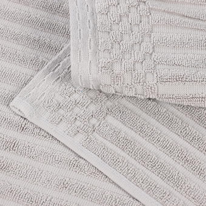 Superior Cotton 8-Piece Solid and Ribbed Towel Set, Face Towels 13” x 13”, Hand Towels 16” x 28”, Bath Towels 27” x 54”, Silver