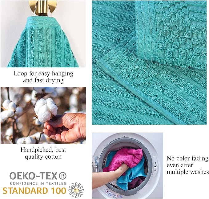 Superior 3 Piece Cotton Towel Set, Includes 1 Bath Towel, 1 Hand Towel, 1 Face Towel/Washcloth, Daily Use for Bathroom, Guest Bath, Quick Dry, Ribbed, Absorbent, Essentials, Soho Collection, Turquoise