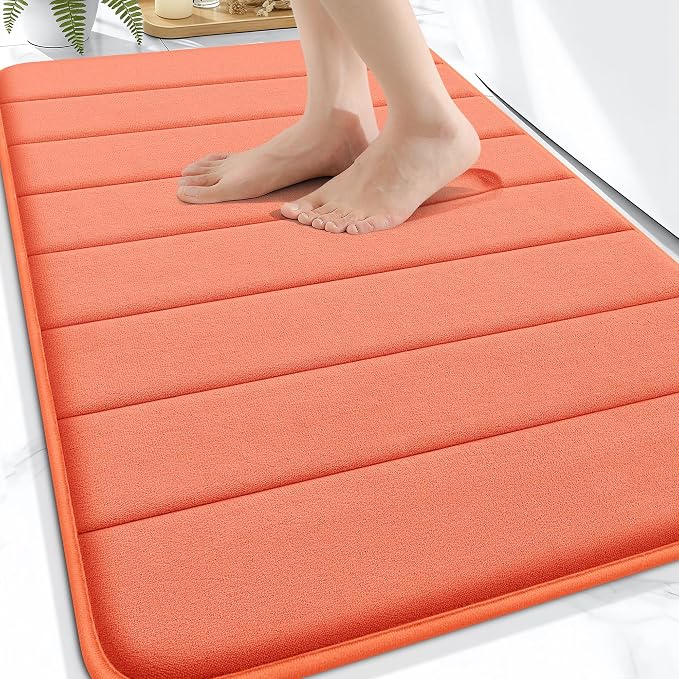 OLANLY Memory Foam Bath Mat 32x20, Super Soft Absorbent Bathroom Rugs, Quick Dry, Machine Washable Shower Floor Rugs, Bathmat Carpet, Bathroom Home Decor Accessories, Coral