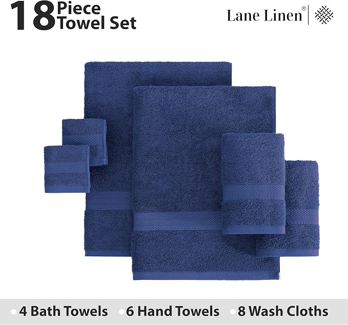 LANE LINEN Cotton Bath Towel Set - 18 Piece - Low Twist, Soft & High Absorbency - 4 Bath, 8 Wash Cloth, 6 Hand Towels - Classic Hotel Quality, Durable & Ideal for Modern Bathrooms - Navy Blue