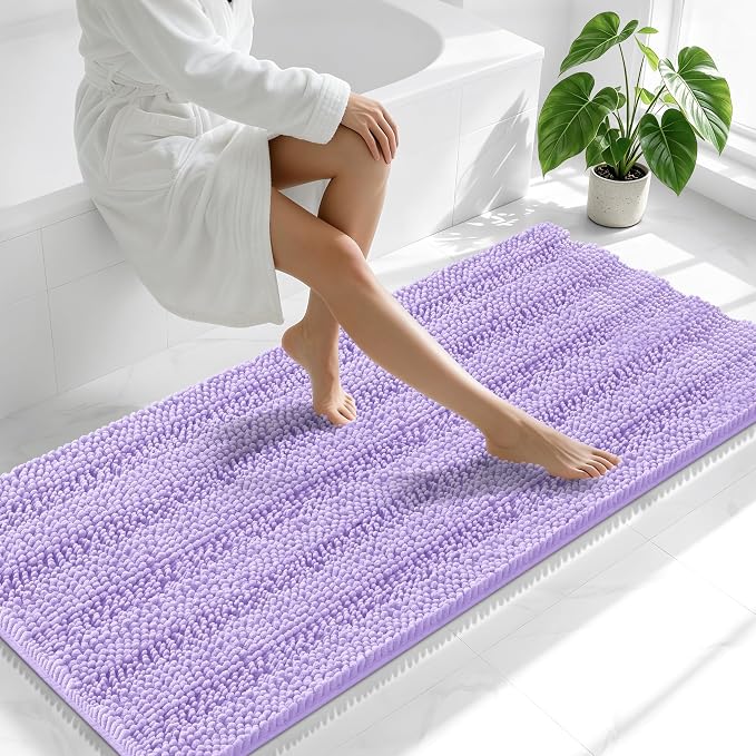 Smiry Thick Chenille Bathroom Runner Rugs 59x24, Absorbent Striped Bath Mat, Machine Washable, Rubber Backing, Extra Long Bath Rugs for Tub & Shower, Modern Home Decor Accessories, Lavender