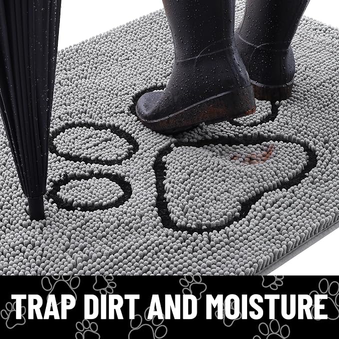 Smiry Dog Door Mat for Muddy Paws, Absorbent Dirt Trapper Non Slip Quick Dry Washable Chenille Mat for Mud Dogs, Entry Rug for Indoor and Outdoor (36x24 Inches, Grey and Black)