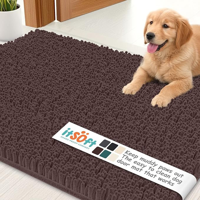 Dog Rugs for Muddy Paws 34x21 | Cleaner Mud Free Floors | Muddy Dogs Mats for Indoor, Dog Mat for Muddy Paws Door Mat Washable, Absorbent Chenille Mud Rug Paw Matt w/ Non Slip Backing, Chocolate Brown