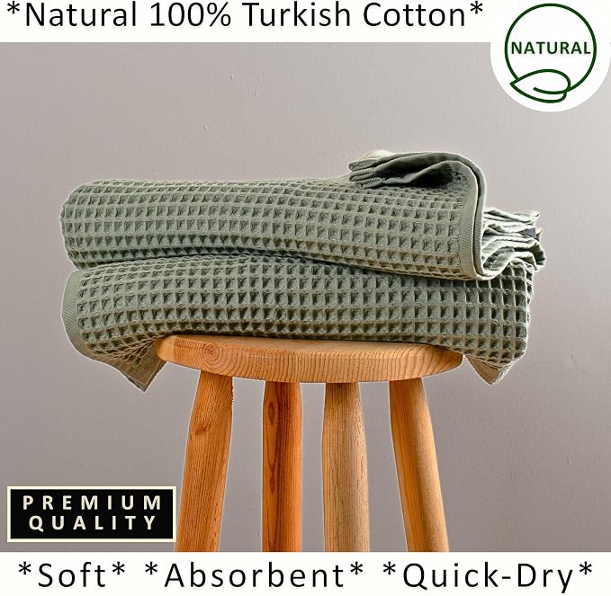 PÜSKÜL Natural 100% Turkish Cotton Waffle Bath Towels Set of 2-Piece | 32x63 inch Extra Large Absorbent Quick-Dry Lightweight Spa Towel | Luxury Sauna Accessories (Sage Green, Bath Towels - Pack of 2)