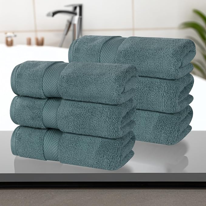 Superior Cotton Hand Towel Set, Medium Sized Towels, Plush Soft Absorbent Bathroom Basics, Home Essentials, Spa, Salon, Hotel, Kitchen, Luxury Quick Dry, Zero Twist Collection, Set of 6, Jade Green