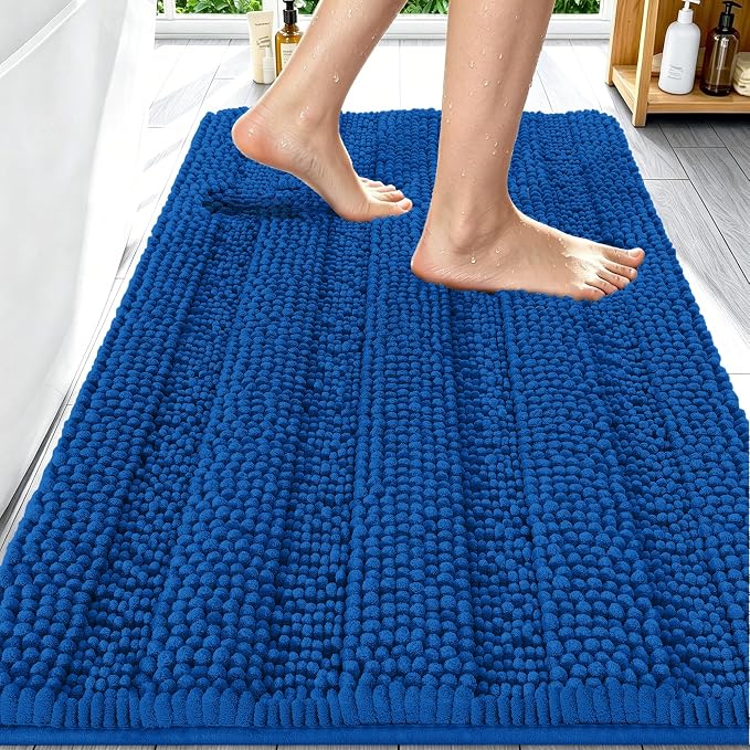 Smiry Thick Chenille Bathroom Rugs 30x20, Extra Absorbent Striped Bath Mat, Machine Washable, Rubber Backing, Bath Rugs for Bathroom, Tub & Shower, Home Decor Accessories, Deep Navy Blue