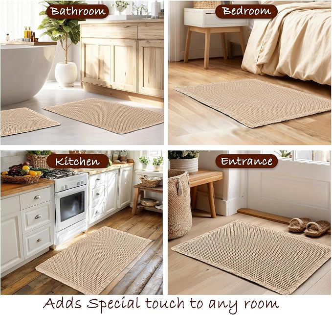 DWCN Brown Waffle Bathroom Mat, Boho Bath Rugs Super Absorbent Non Slip Bath Mats for Bathroom Floor, Ultra Soft Farmhouse Rubber Backed Shower Mats for Tub and Shower, 24 x 60 Inch