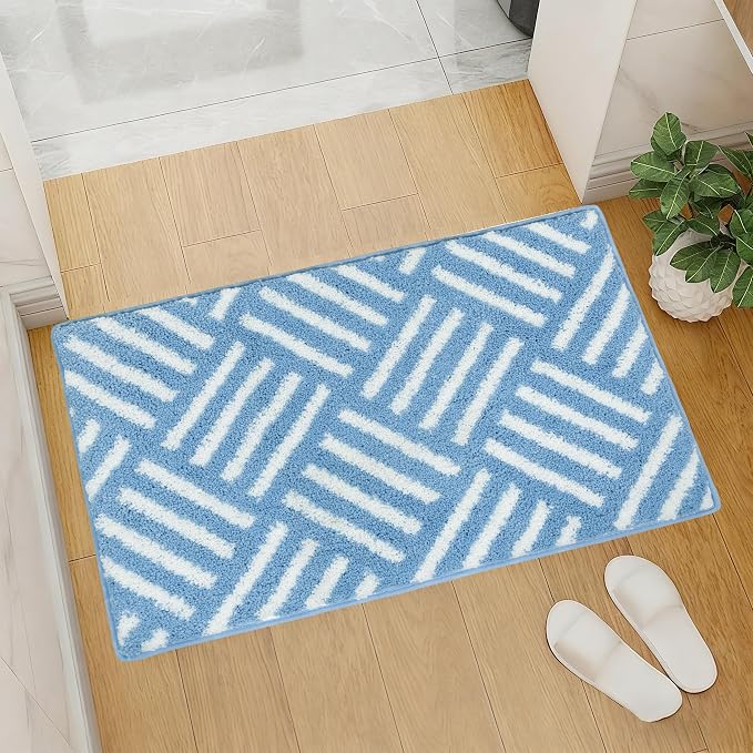 ORTIGIA Striped Blue Bathroom Rugs Non Slip Washable, 20x30 Quick Dry Absorbent Soft Plush Microfiber Bath Mats, Bath Rugs for Bathroom Floor Carpet for Sink Bedroom