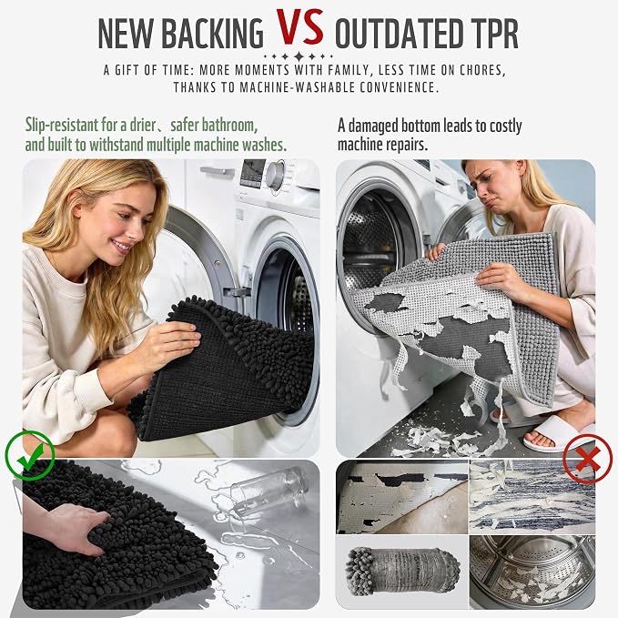 Yimobra Bathroom Runner Rug 70x24 Inch - Extra Long Non Slip Chenille Bath Mat, Soft & Absorbent, Machine Washable Shaggy Hallway Carpet for Vanity Tub Shower, Black Home Decor Accessories