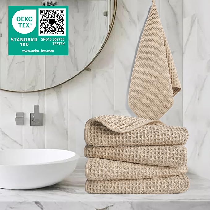 POLYTE 430 GSM Microfiber Lint Free Hand Towel, 16 x 30 in, 4 Pack (Waffle Weave)