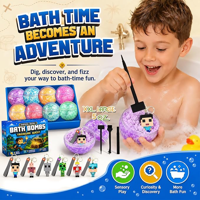Bath Bombs for Kids: 3 in 1 Build My Own World Dig a Bath Bombs with Toys Inside, Organic Bath Bomb Rich in Natural Essential Oils, Kids Bath Bomb for Dry Skin Moisturize, Summer Party Favors(8 Pcs)
