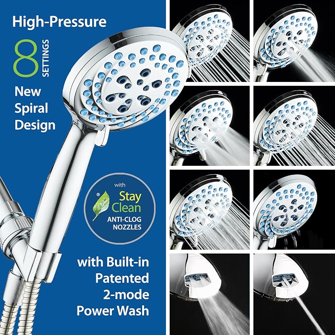 AquaCare Seen-On-TV High Pressure 8-mode Handheld Shower Head - 2-mode Power Wash to Clean Tub, Tile & Pets, Stay-Clean Nozzles, Extra Long 6 ft. Stainless Steel Hose, Wall & Overhead Brackets, Chrome