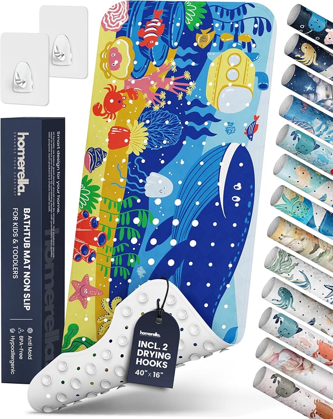 Bath Tub Mat Non Slip Anti Mold for Kids BPA Free INCL Hooks - homerella® Ocean Sea Animals 40x16, Baby Bath Mat Non Slip 200 Suction Cups, Non Toxic Machine Washable Toddler Bath Mat, EU Certified