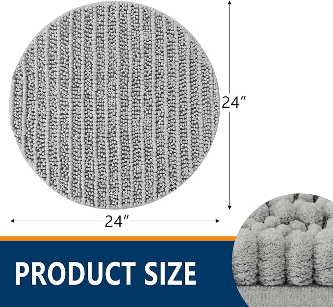 Smiry Bathroom Rugs Mat Round 24x24, Soft Absorbent Chenille Bath Rugs, Non Slip Rubber Backing Machine Washable Quick Dry Bath Mats for Bathroom Floor, Tub, Shower, Home Accessories, Light Grey