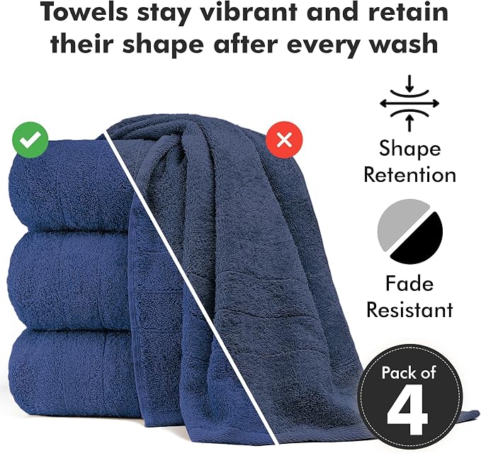 Bath Towels Set of 4 – 100% Ring Spun Cotton Royal Blue Extra Large Towels for Bathroom, Spa Use (55x28 in) – 550 GSM Super Soft and Quick Dry Large Bath Sheets for Adults