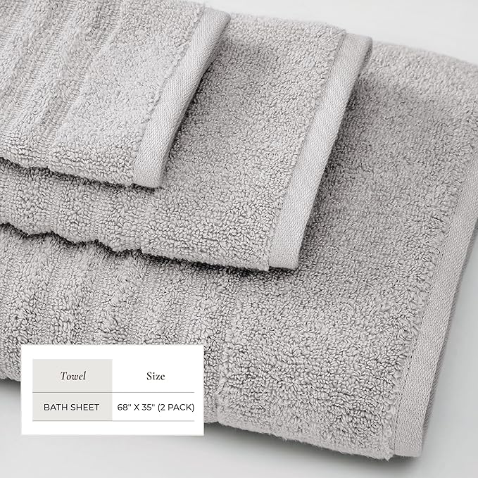 Great Bay Home 2 Pack Bath Sheet Set - 100% Cotton Towel Set - Absorbent & Quick-Dry Towels for Bathroom (Light Grey)