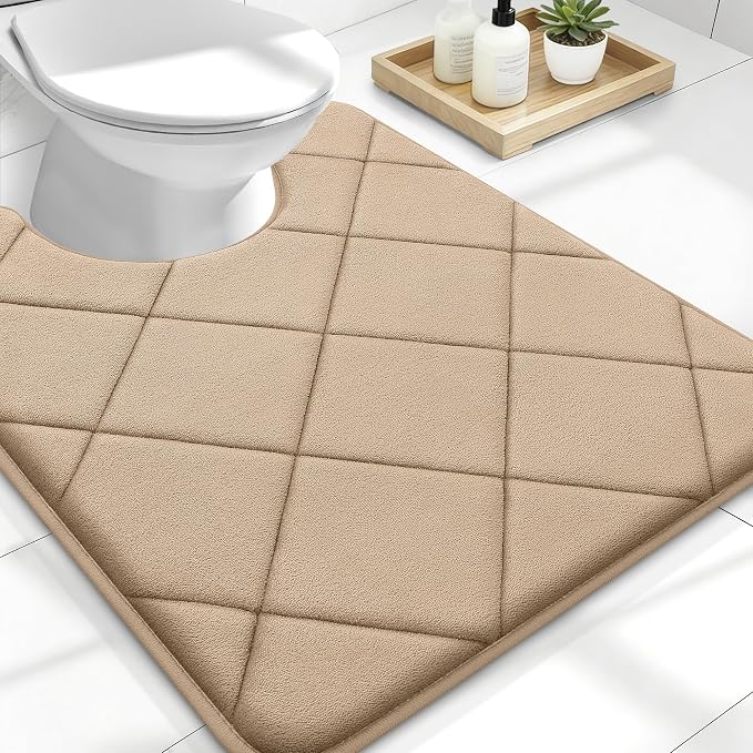 OLANLY Memory Foam Toilet Rugs U-Shaped 24x20, Ultra Soft and Absorbent Bathroom Rugs, Machine Washable Quick Dry, Comfortable Bathroom Contour Bath Mats for Toilet Base, Tan
