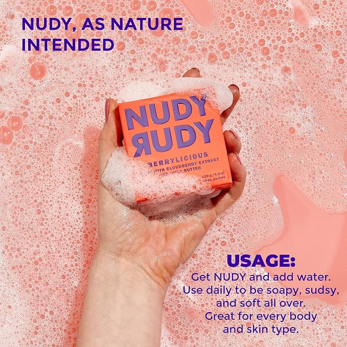 Nudy Rudy Berrylicious Soap Bar Puck, Made with Organic Shea Butter and Arctic Cloudberry, Triple Milled Bar, No Harsh Ingredients, All Skin Types, 4.2 oz, Made in Australia