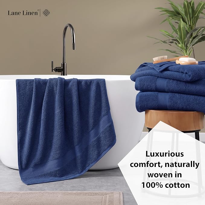 LANE LINEN Bath Towels 4 Pack (28"x54") - 100% Ring Spun Cotton Towels Set for Bathroom - Durable, Quick Dry, Soft & Highly Absorbent Long Lasting Bath Towel Set - Dorm Essentials for Boys - Navy Blue